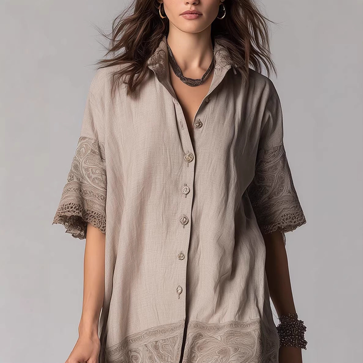 Womens Retro Cotton Heavy Embroidered Shirt With A Turn Down Collar And Single Breasted Button Closure