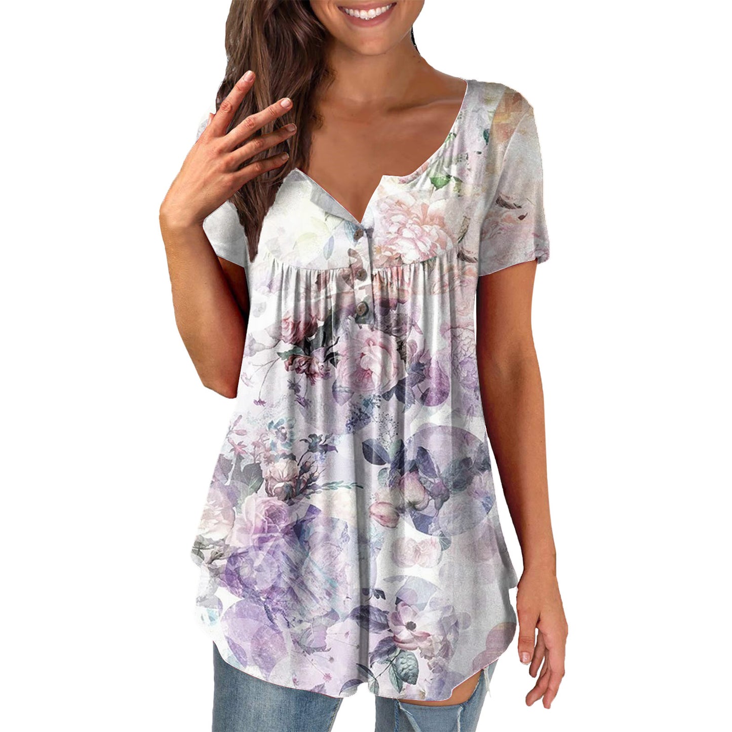 Ladies' Printed Ruffled Pullover Short Sleeve