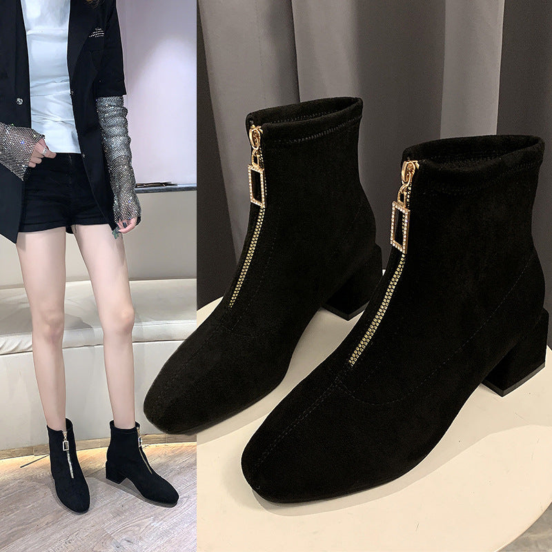 Female British Style Slim Front Zipper Round-toe Short Boots