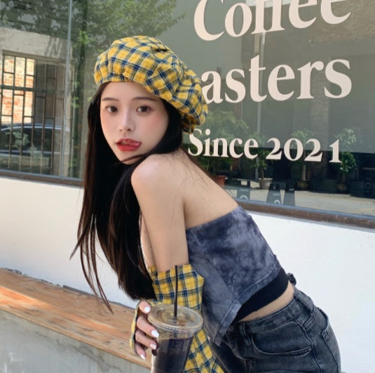 Korean Red Plaid Beret Cloud Hat