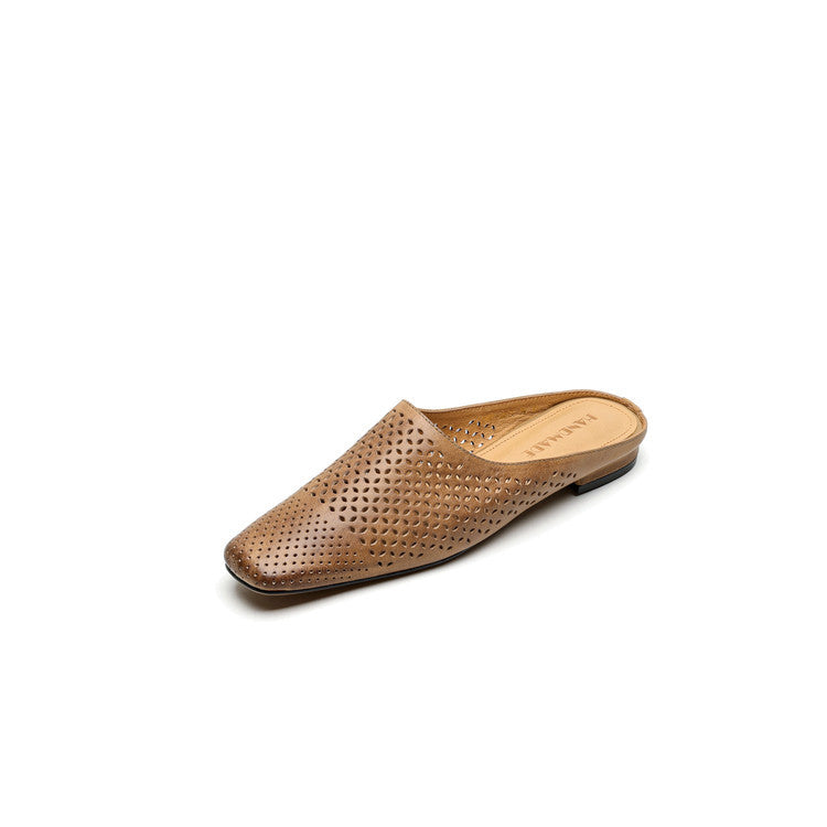 Womens Full-Grain Leather Closed-Toe Half Slippers