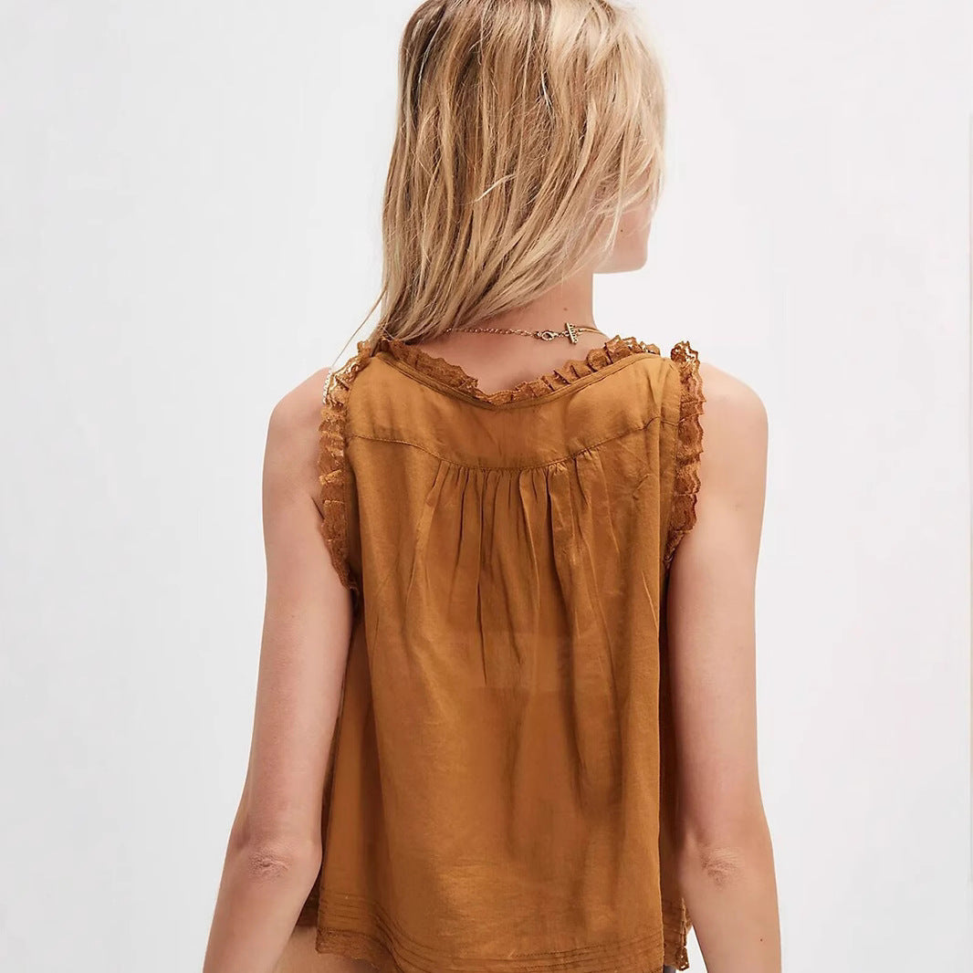 Womens Cropped Pants With Patchwork Lace Vest Set