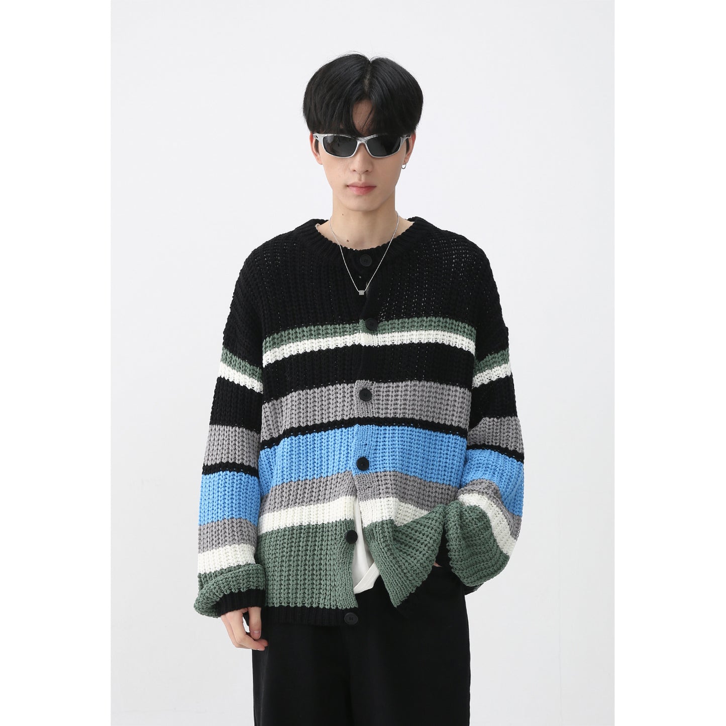 Autumn And Winter New Men's Long-sleeve Cardigan Sweater Striped Coat
