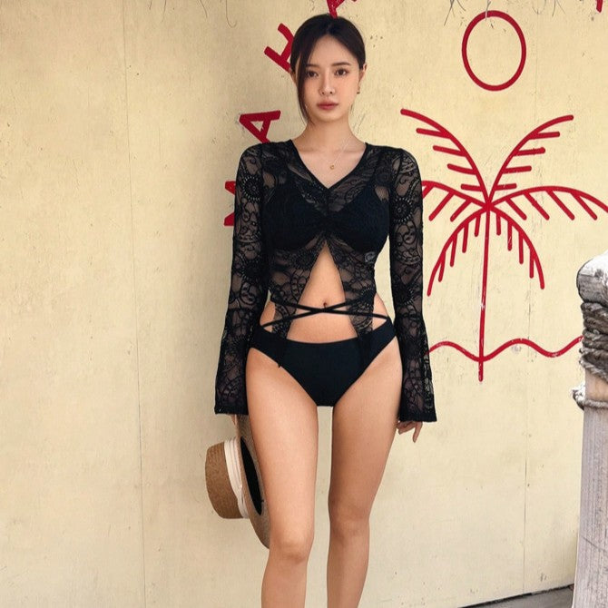 Sexy Swimwear Long-Sleeve Bikini With A Detachable Lace Top