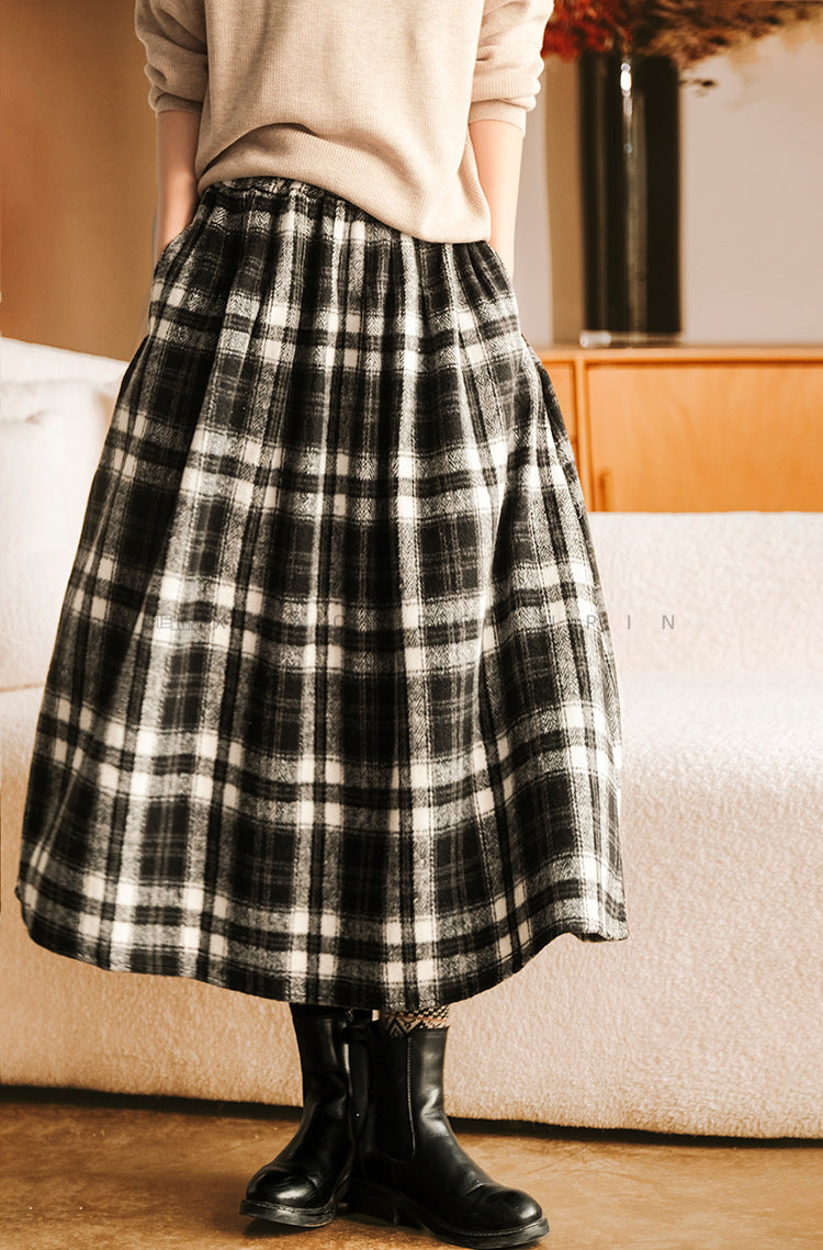 Thickened Woolen Elastic Waist Plaid Skirt Retro Artistic A Line Skirt For Women