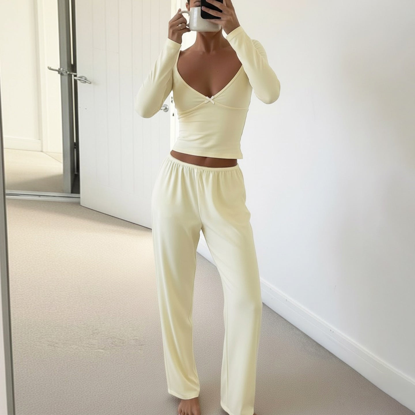 Simple Casual Suit Deep Slim Long Sleeve Low Waist Bootcut Trousers Women's Clothing