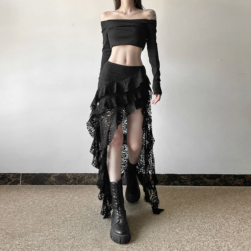 Women's Unique Design Black Lace Wavy Pleated Skirt