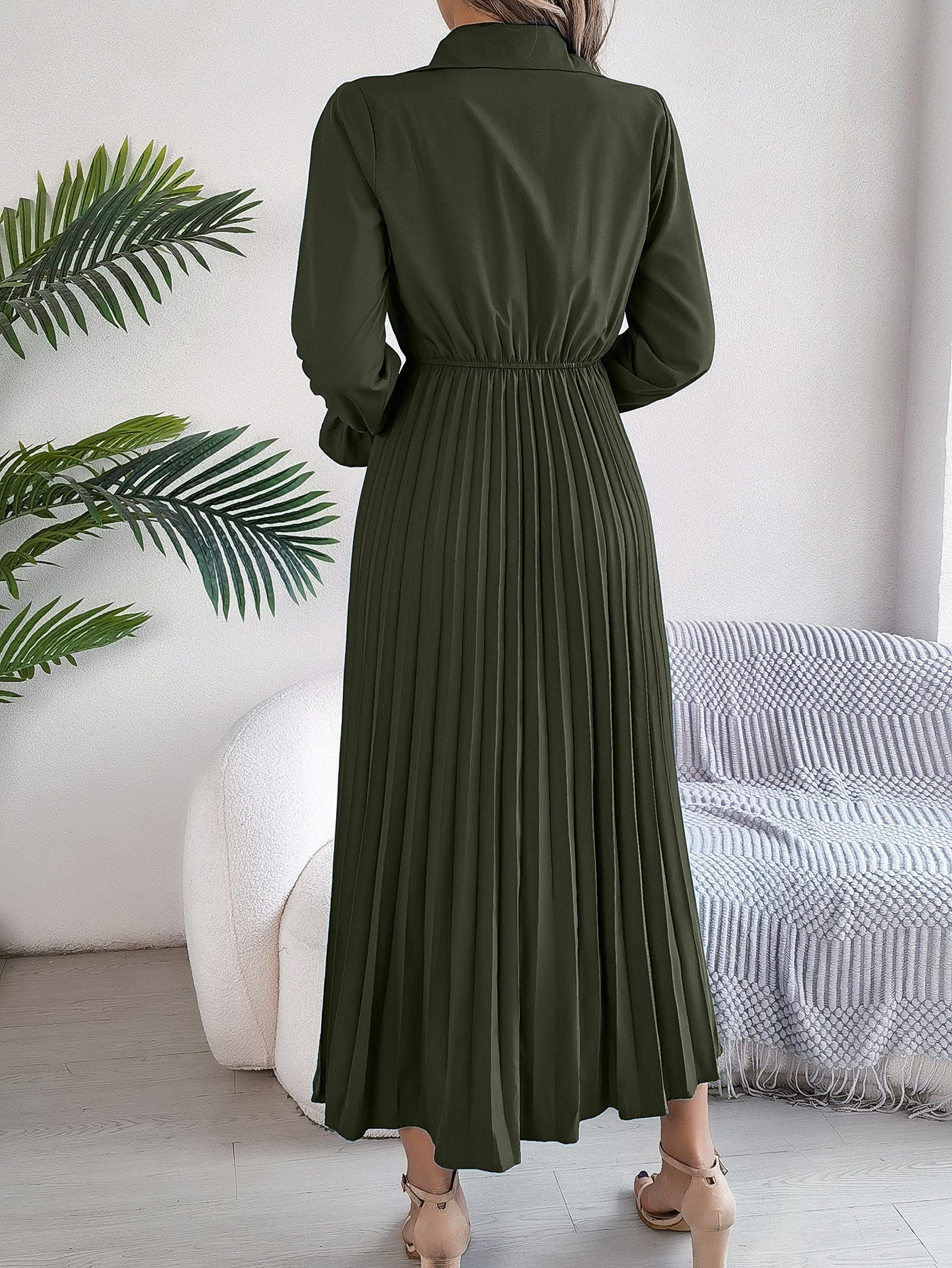 Women's Casual Lapel Button Long Sleeve Tie Waist Pleated Maxi Dress