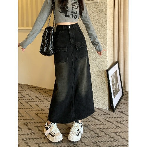 Retro Design Straight Hip Skirt Black Mid-length