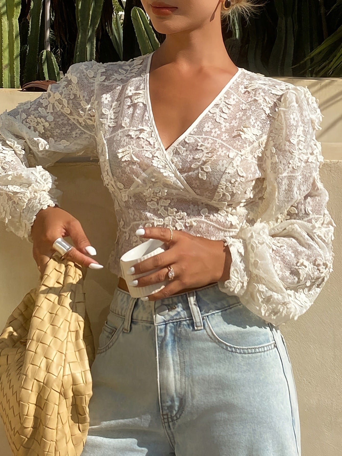 Sexy V-neck Figure-hugging Hollow-out Lace Top With Tie-up Straps