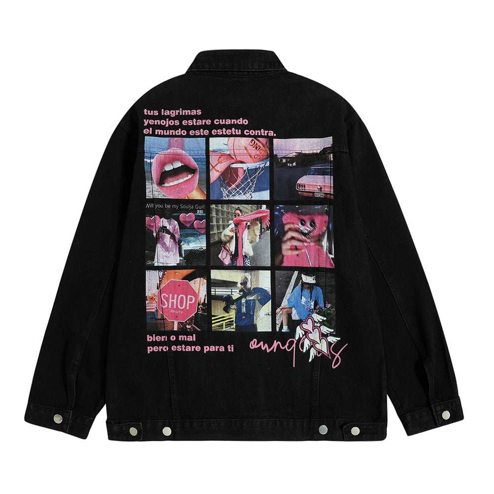 Funny Printed Jiugong Plaid Denim Clothes Jacket