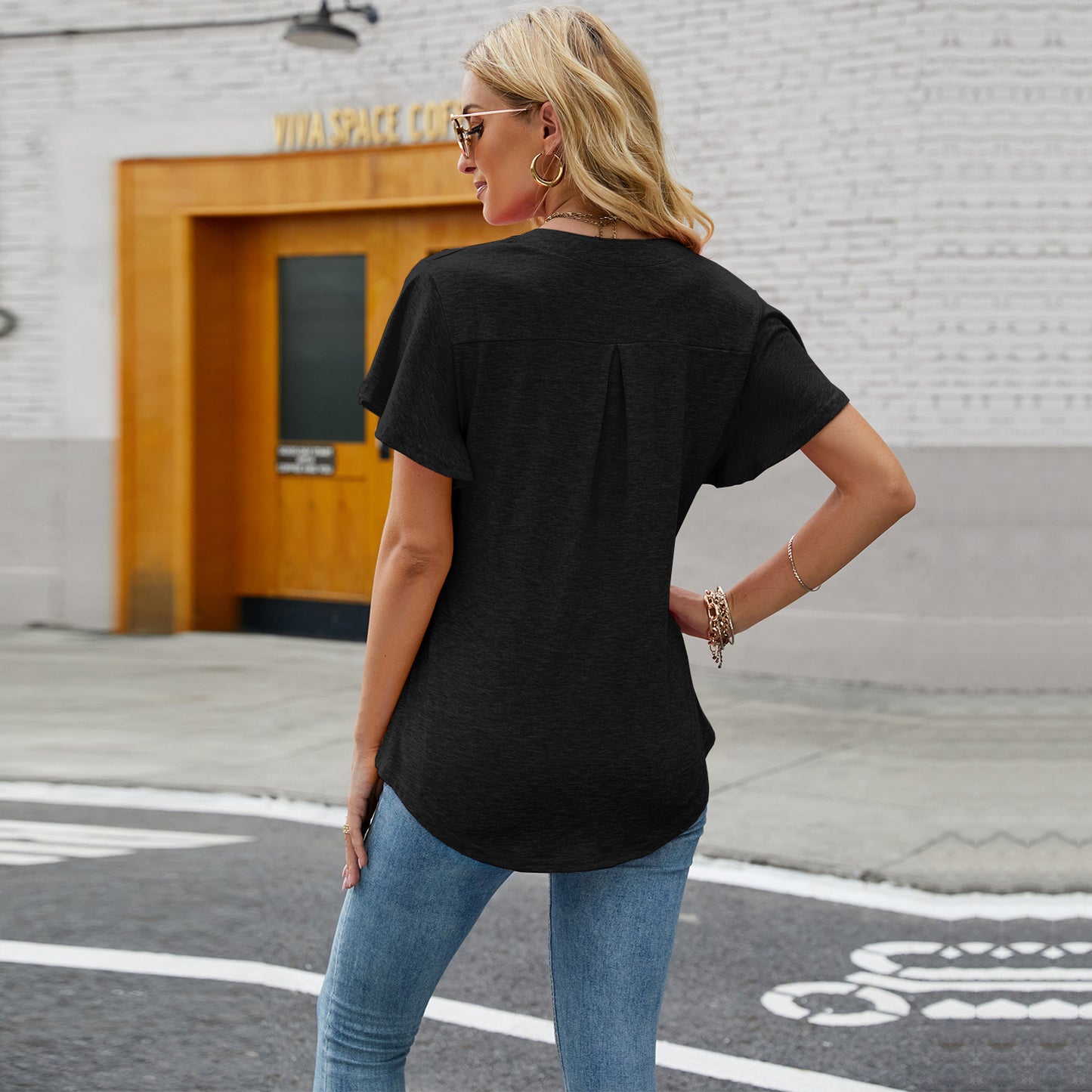 Women's V Neck Flying Sleeve Swallowtail T Shirt Short Sleeved Top