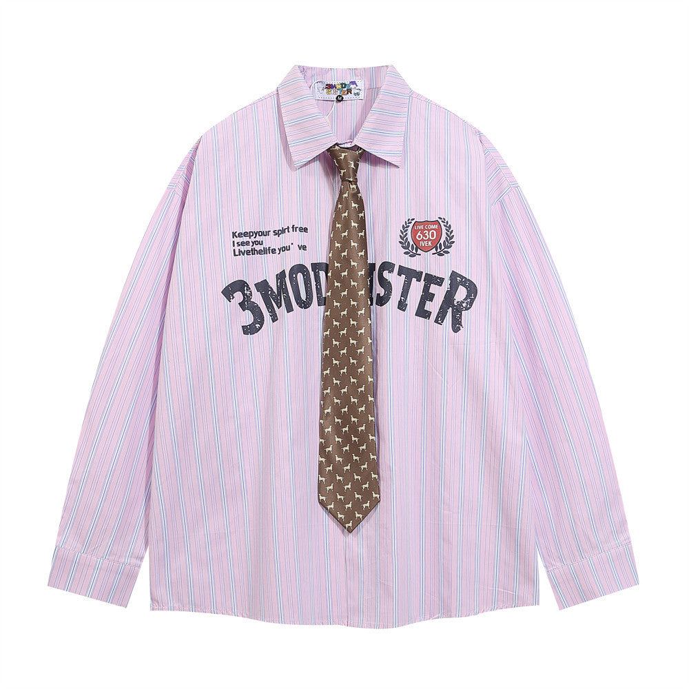 Letter Print With Tie Vertical Stripes Long Sleeve Shirt For Men