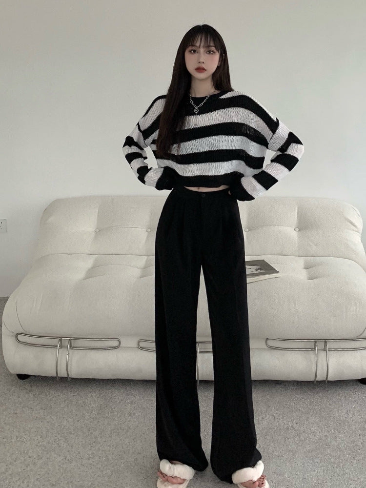 Women's Black And White Striped Sweater Autumn And Winter Sweater Long-sleeved Blouse