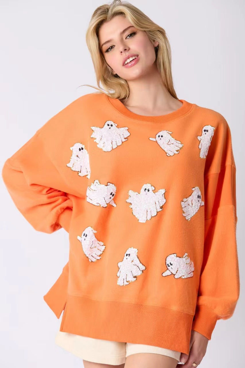 Dame Halloween Spøgelse Paillet Top Afslappet Løs Sweatshirt