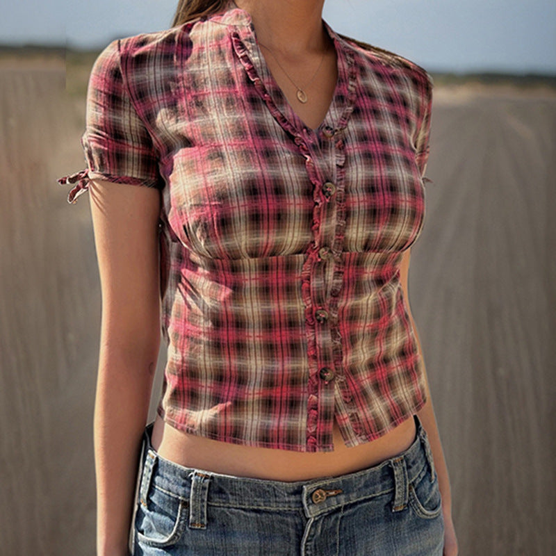 Hot Girl Retro Plaid Women's Slim Casual T-shirt