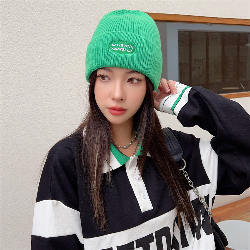 Letter Embroidered Wool Warm Ear Protection Knitted Pullover