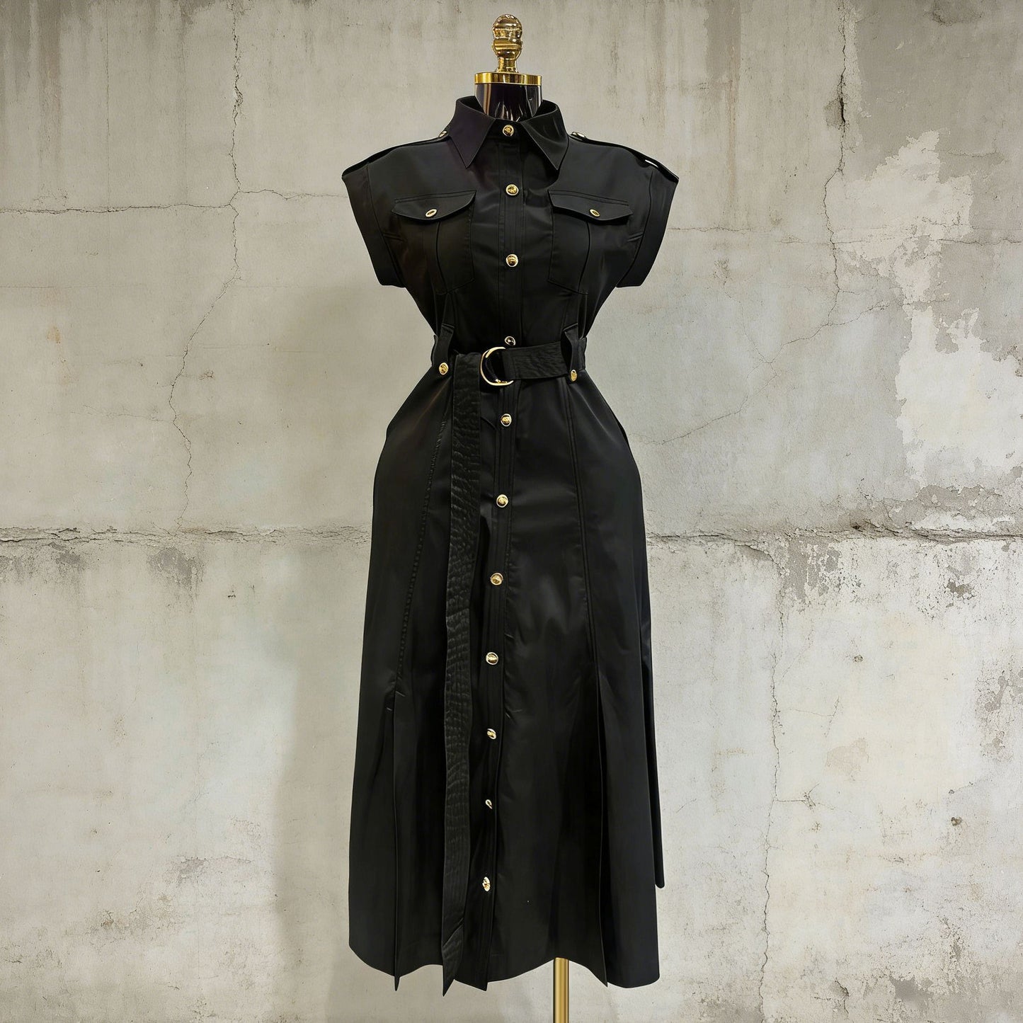 Fashionable Lapel Single-breasted Pocket-designed Sleeveless Maxi Dress