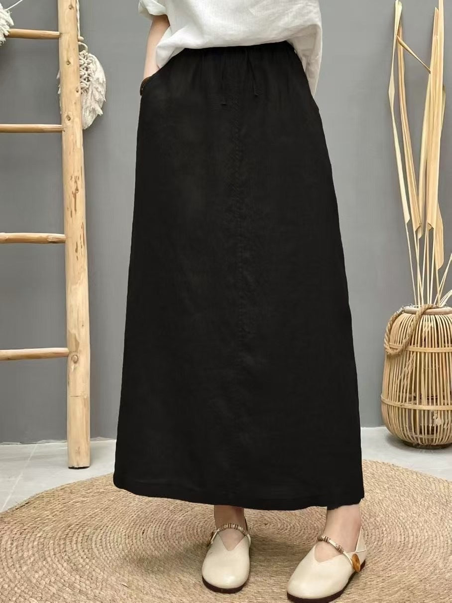 Lace-up Linen Back Slit High Waist Skirt