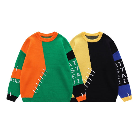 Men's And Women's Retro Colorblock Crew Neck Sweater