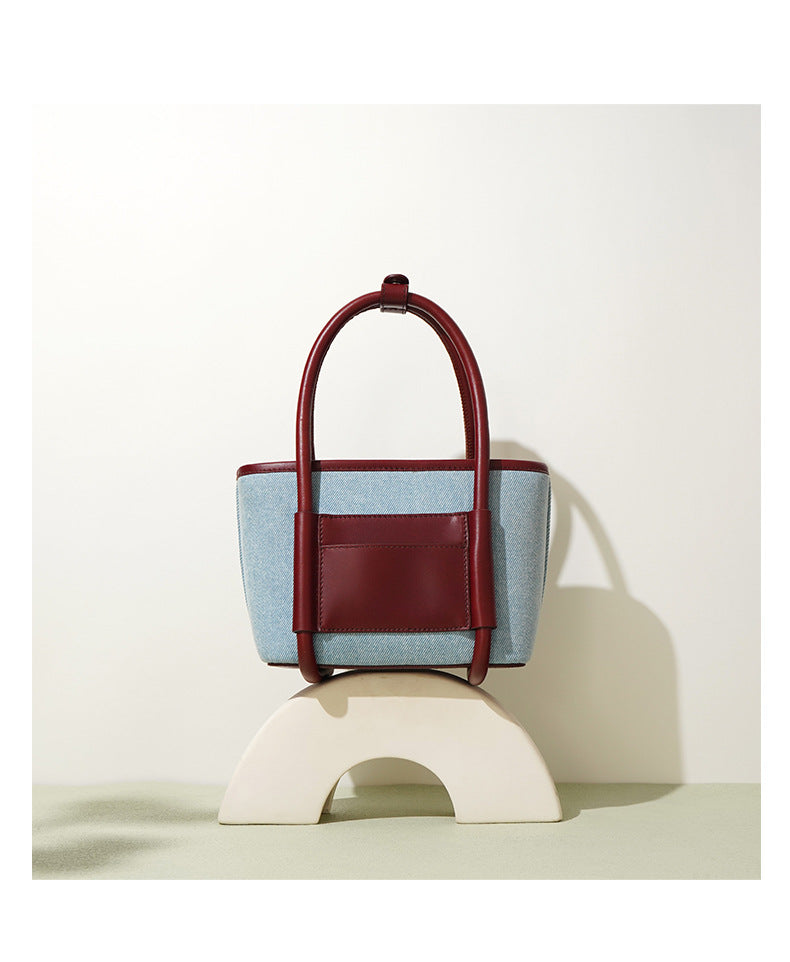 Toplag i okselæder med denimstof, grøntsagskurvetaske, niche, sammensat, enkelt skulder, crossbody