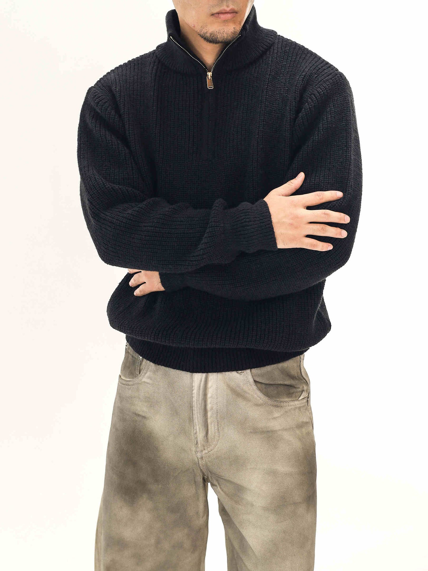 Thick Needle Wool Yarn American Retro Half Zipper Turtleneck Sweater Pullover For Men