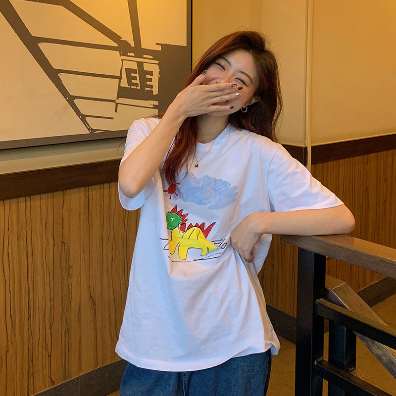 Cartoon Childlike Dinosaur Print T-shirt Women