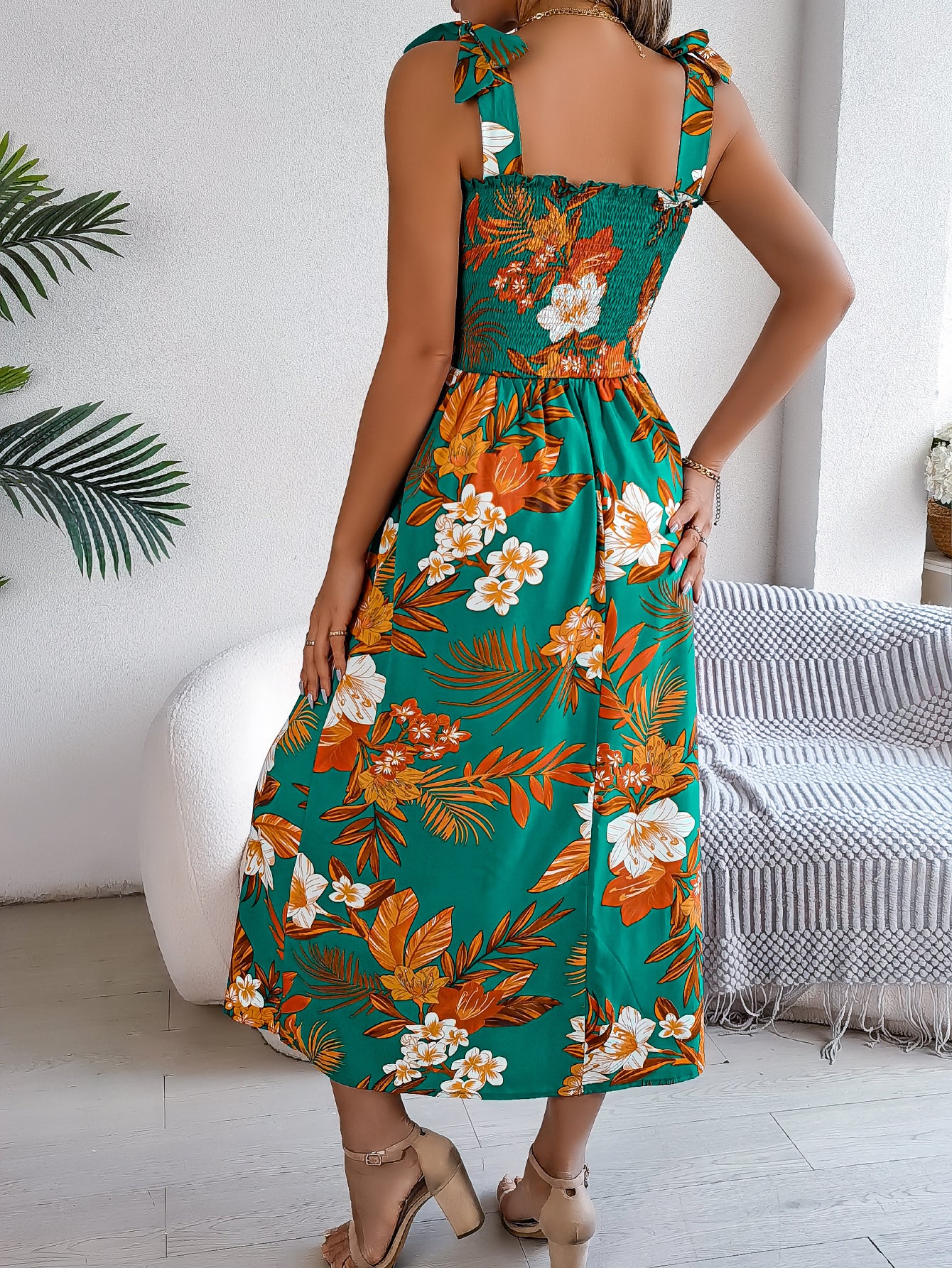 Women's Floral Print Tie Waist Camisole Beach Vacation Maxi Dress