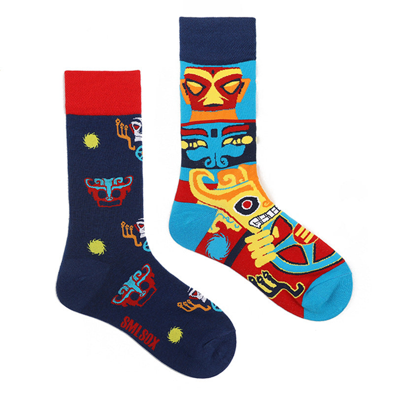 Asymmetrical Color Retro Personality Male And Female Couple Mid-length Cotton Socks