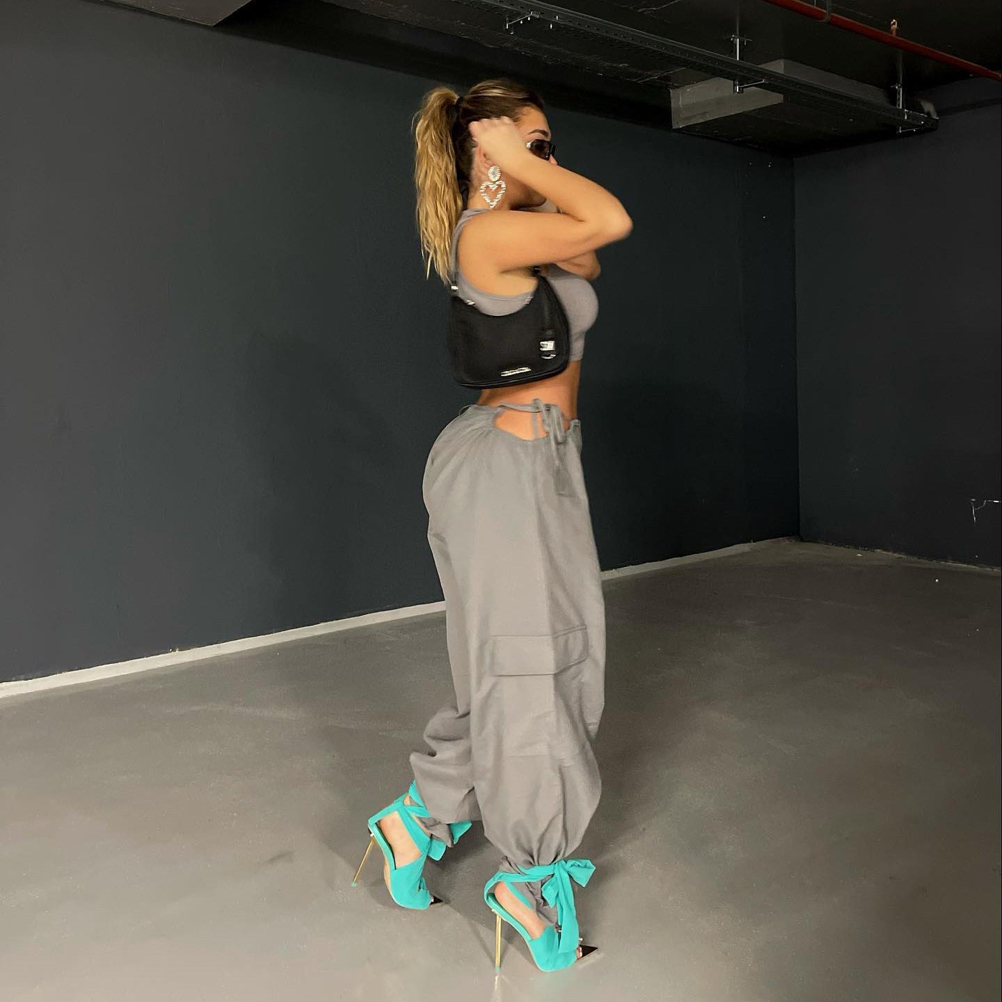 High Waist Hollow Drawcord Solid Leggings Cargo Pants