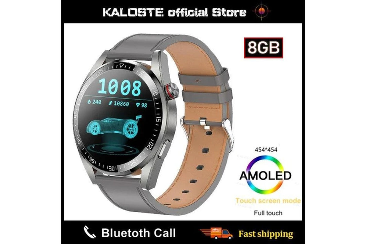 2024 New 8G RAM Smart Watch Men Always Display the Time Bluetooth Call Local Music Smartwatch for Mens Android Ios TWS Earphones - Leather Dark Grey1