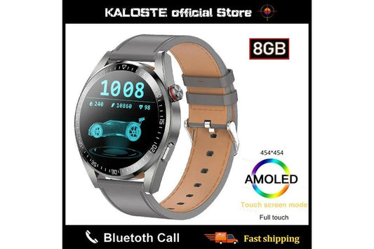 2024 New 8G RAM Smart Watch Men Always Display the Time Bluetooth Call Local Music Smartwatch for Mens Android Ios TWS Earphones - Leather Dark Grey1