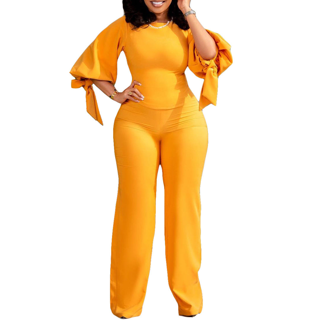 New Casual Set Loose Large Size Tie-up Top High Waist Wide Leg Pants Set