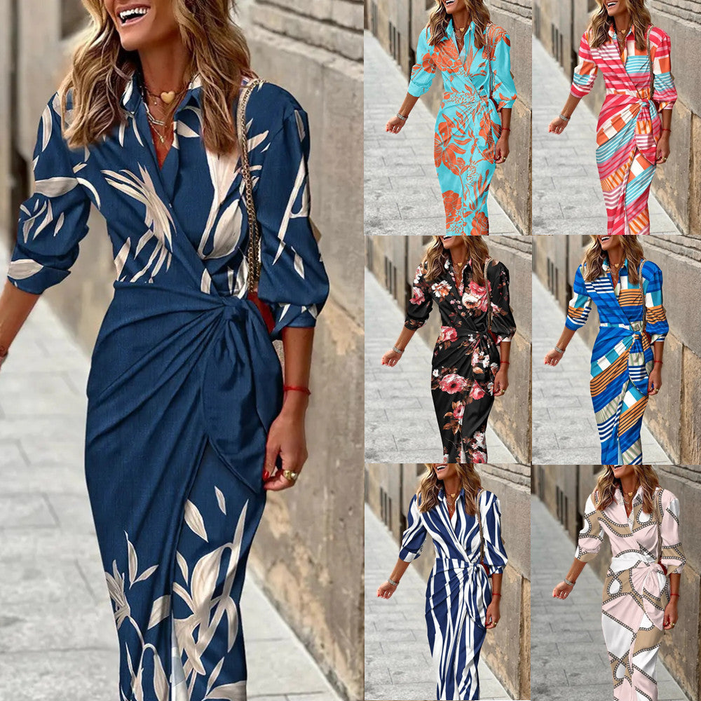 Printed Shirt Collar Lacing Mid-length Striped Dress