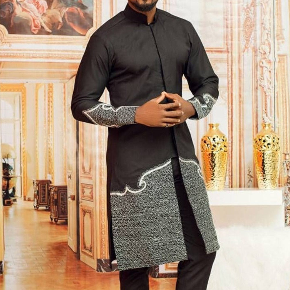Ethnic Style Black Stand-up Collar Cotton Slim Fit Casual Shirt