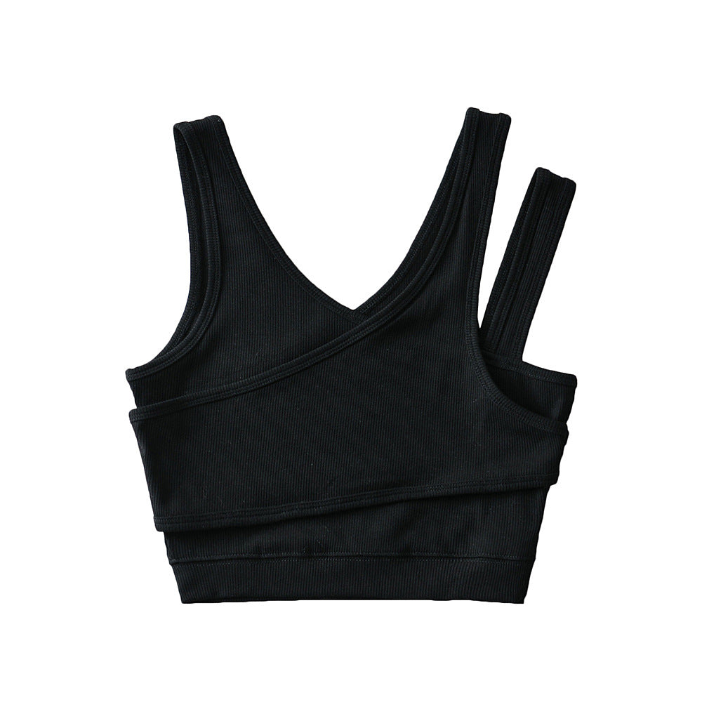 Solid False Two-piece Diagonal Shoulder Strap Short Vest