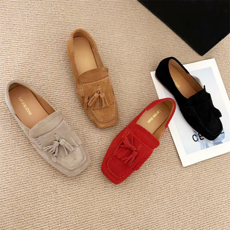 Square Head Soft Sole Shoes Women's All-matching Tassel Shallow Mouth Non-slip One Pedal Loafer