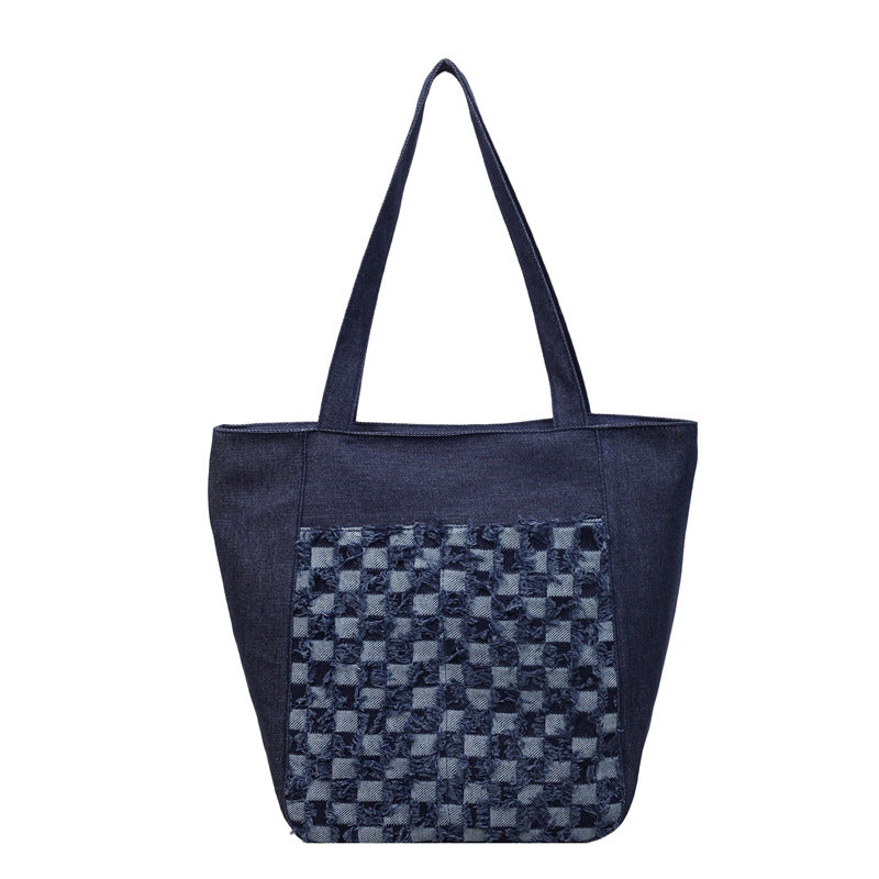 Versatile Casual Washed Denim Tote Bag With A Plaid Pattern And A Large Capacity