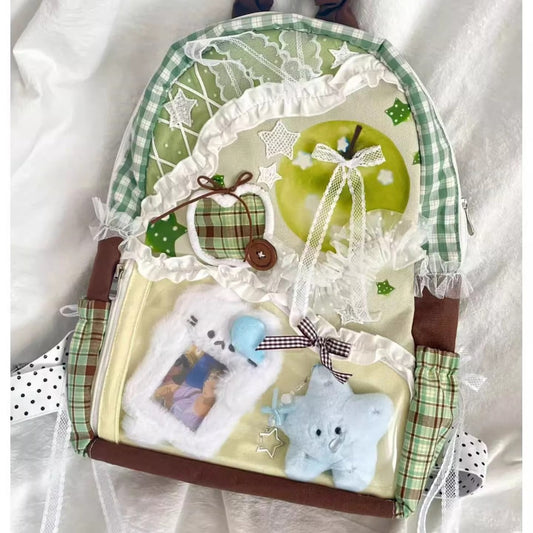 Large-capacity Backpack Plaid Canvas Bag With Contrasting Color Patchwork