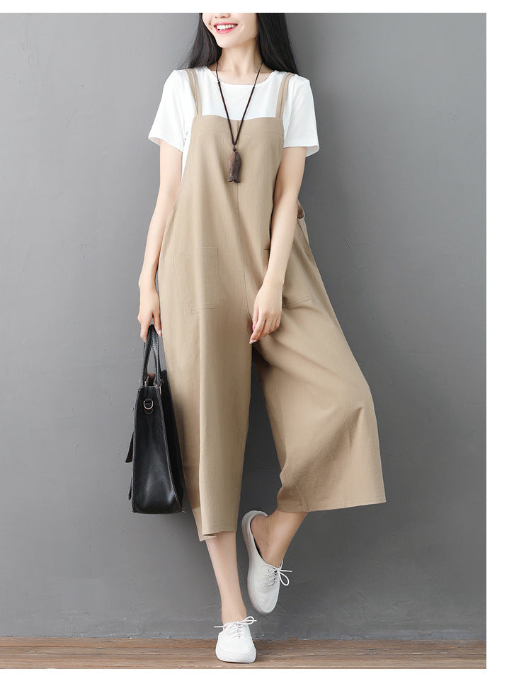 Plus Size Loose Linen Jumpsuit Suspender Pants