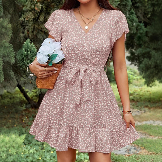 French-style High-waisted Floral-print Lace-up V-neck Short-sleeve Dress