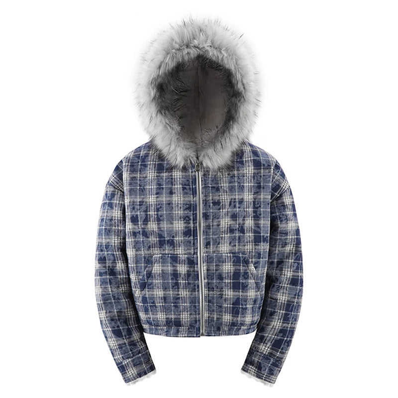 Trend Street Casual Plush Plaid Collar Zip-up Long Sleeve Hooded Sweatshirt