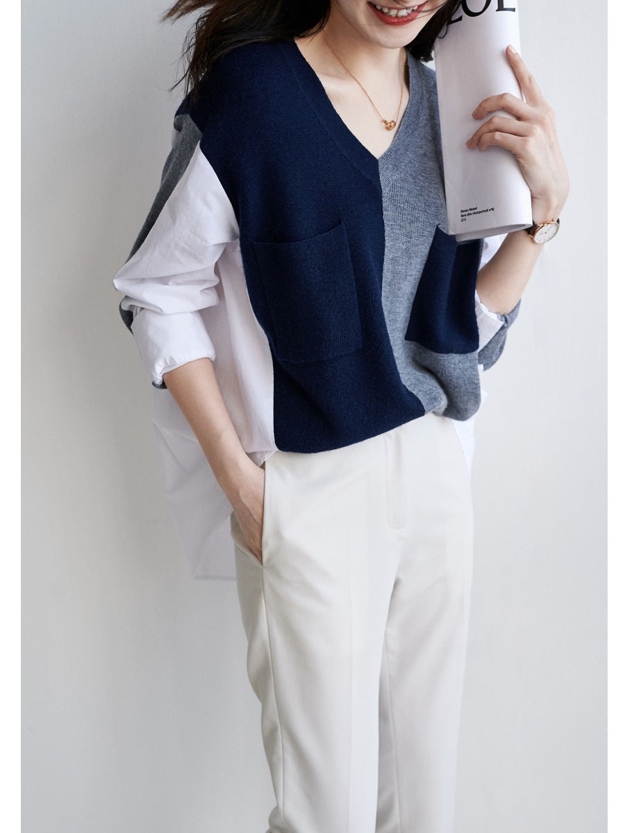Women's Retro Contrast Color V-neck Knitted Stitching Pocket Shirt