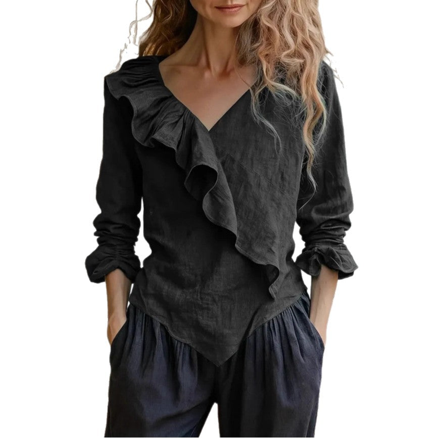Womens Solid-Color V-Neck Casual Top With Ruffle Long Sleeves
