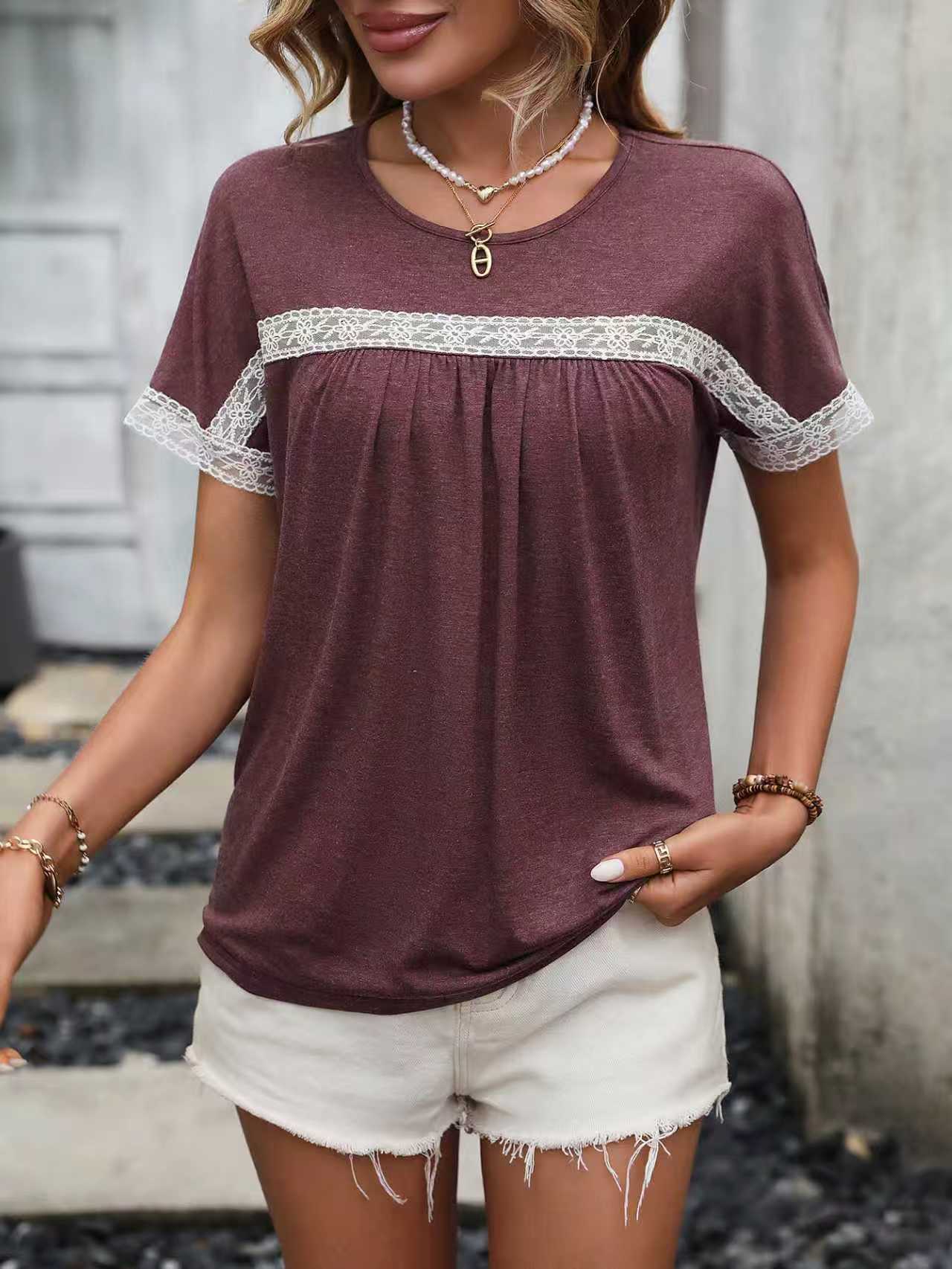 Crew-neck Lace-panel Short Sleeves