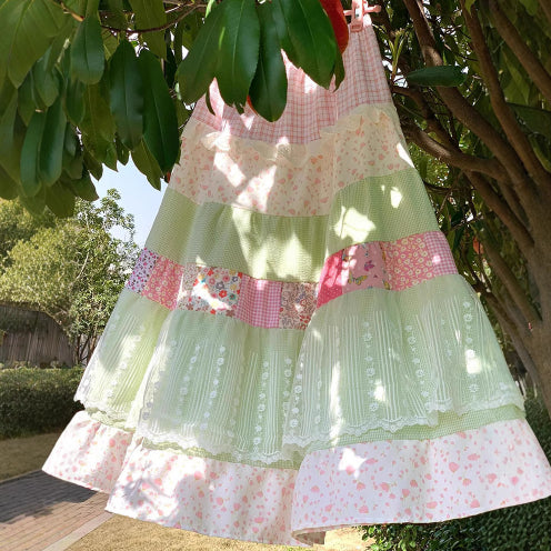 Women's Lace-trimmed Floral Patchwork High-waisted Skirt