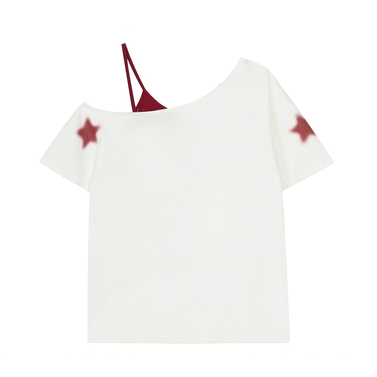 Five-pointed Star Printed Sloping-shoulder Off The-shoulder Short-sleeved T-shirt For Women