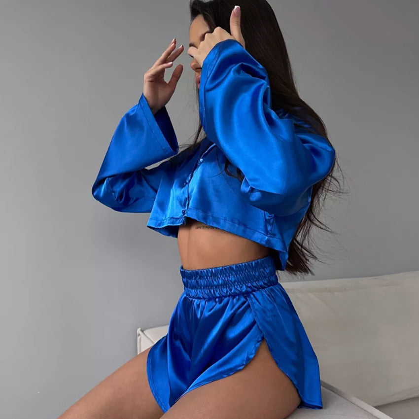 Home Wear Satin Long-Sleeve Slit Shorts Two-Piece Set Sexy Pajamas
