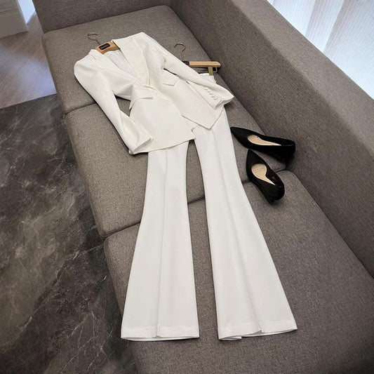 Womens Stylish Mid-length Blazer And Flared Pants Fashion Set
