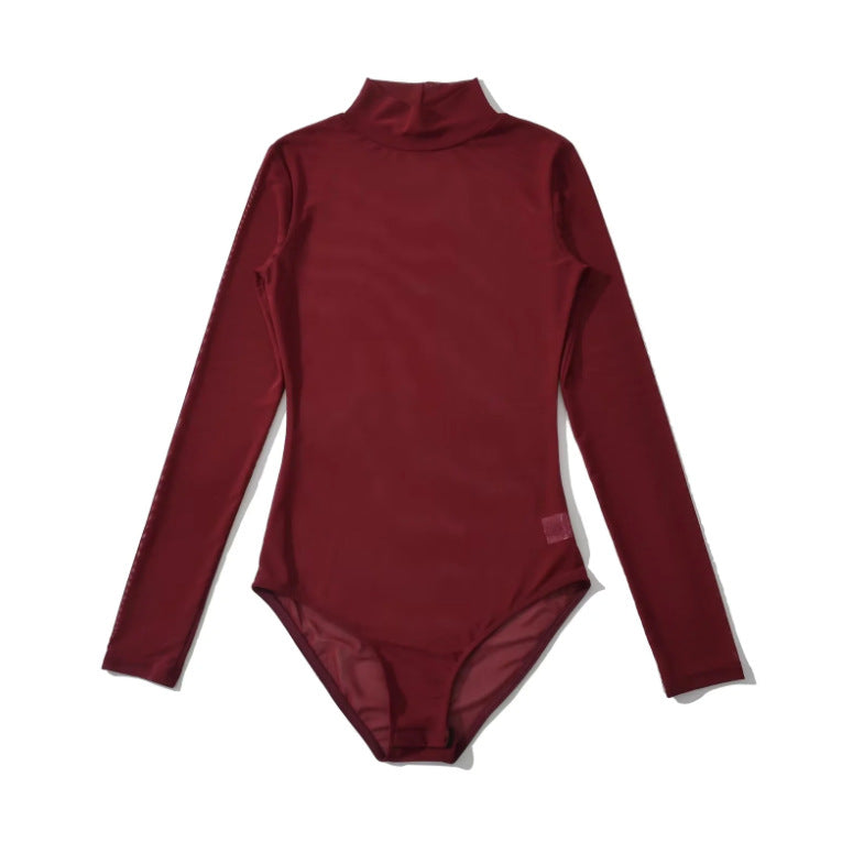 Women's Mesh Sheer Crew-Neck Long-Sleeve Jumpsuit